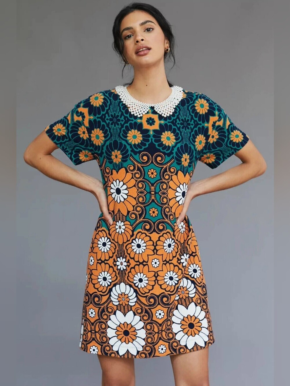 Anthropologie Maeve Floral Shift Mini Dress Retro 70s Mod Orange Teal, Size L